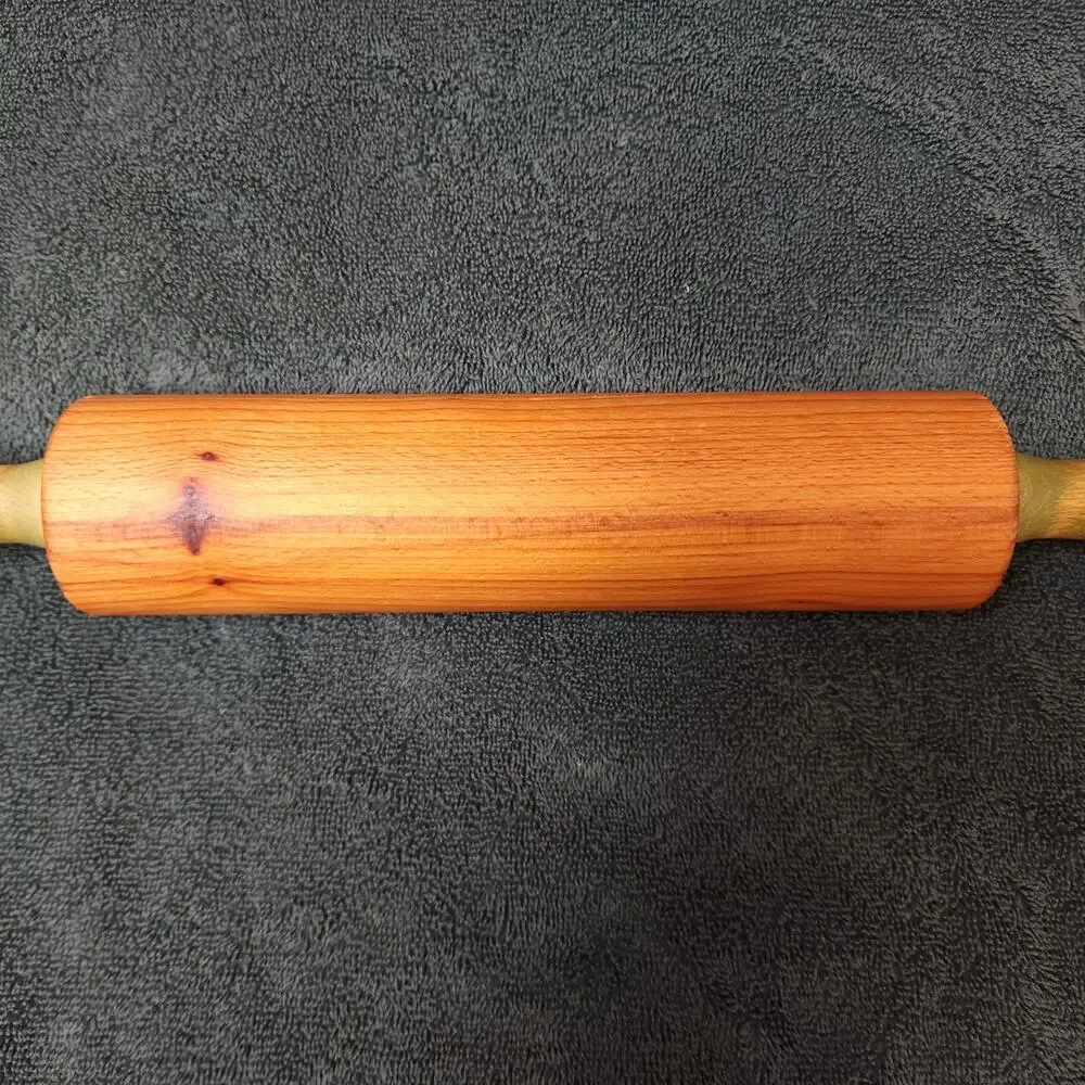 Vintage Hardwood Rolling Pin w/Green Grooved Turning Handles Circa 1950s-1960s